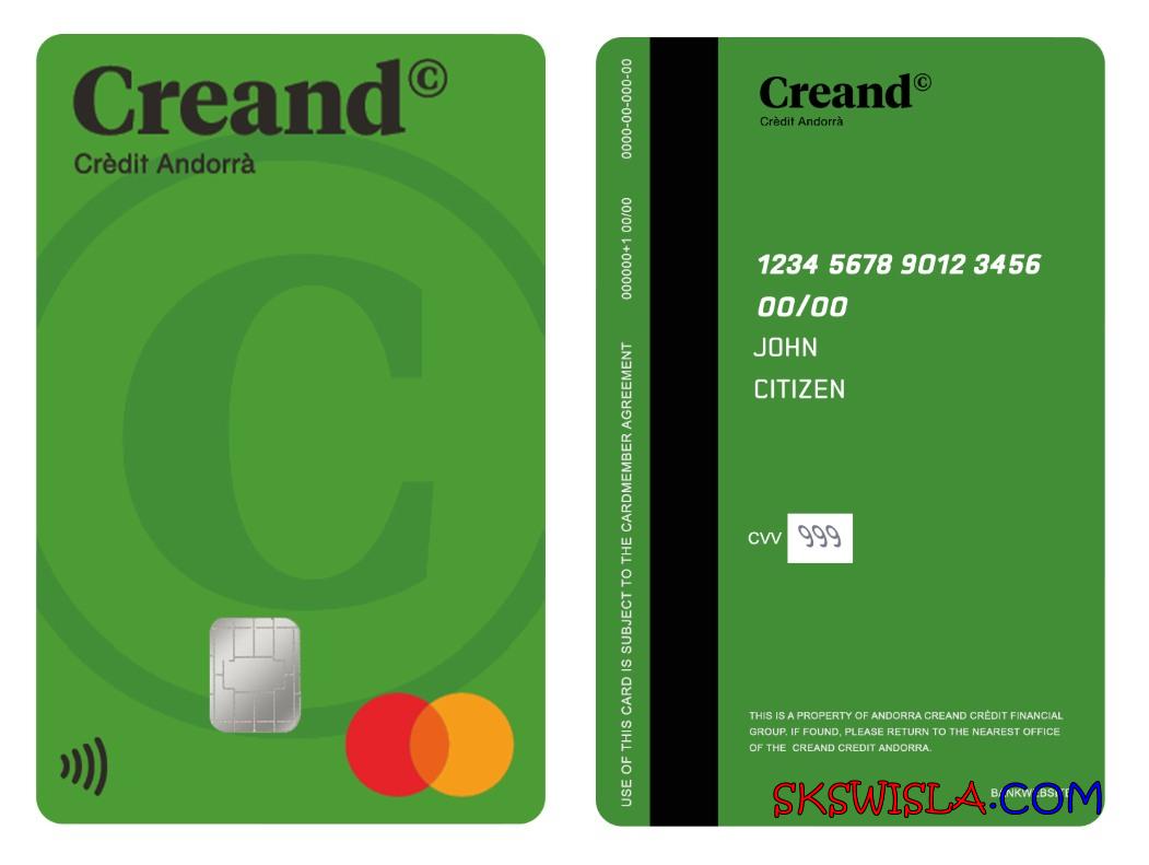 Andorra Creand Crèdit Financial Group vertical mastercard, w pełni edytowalny przykład w formacie PSD
